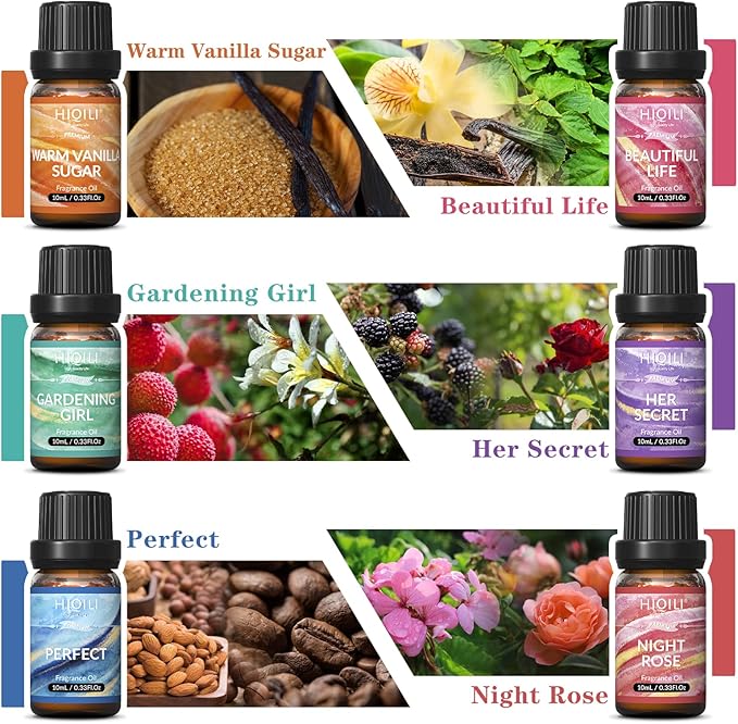 HIQILI Women Fragrance Oil 6x10ml, Essential Oils for Candle Scents Soap Making & Diffuser, Sweet Flowers Scented Oil Set for Aromatherapy Slime Wax Home Car