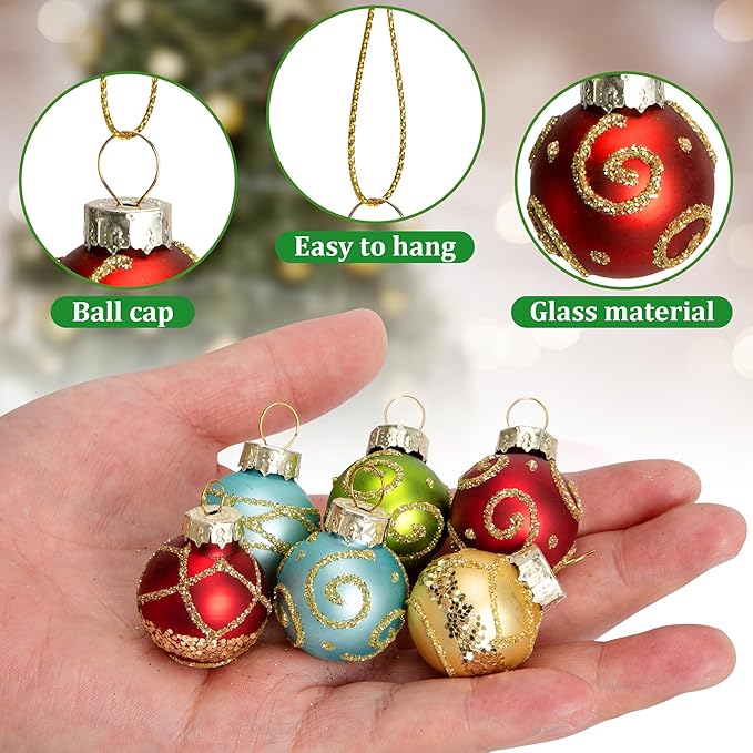 Watayo 24 Pcs Christmas Mini Multi Color Balls Glass Ornaments, 1" Mini Vintage Glittering Ball Hanging Ornaments for Tree, Red Green Gold Blue Glass Small Ball Tree Decoration for Xmas Home Decor