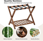 Fully Assembled Walnut Luggage Racks Set of 2, Bamboo Luggage Rack Stand for Guest Room, 5 Nylon Straps, 26.77" Folding Suitcase Stand with Storage Shelf for Bedroom Hotel, Holds up to 165 Lbs