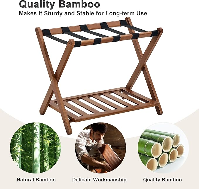 Fully Assembled Walnut Luggage Racks Set of 2, Bamboo Luggage Rack Stand for Guest Room, 5 Nylon Straps, 26.77" Folding Suitcase Stand with Storage Shelf for Bedroom Hotel, Holds up to 165 Lbs