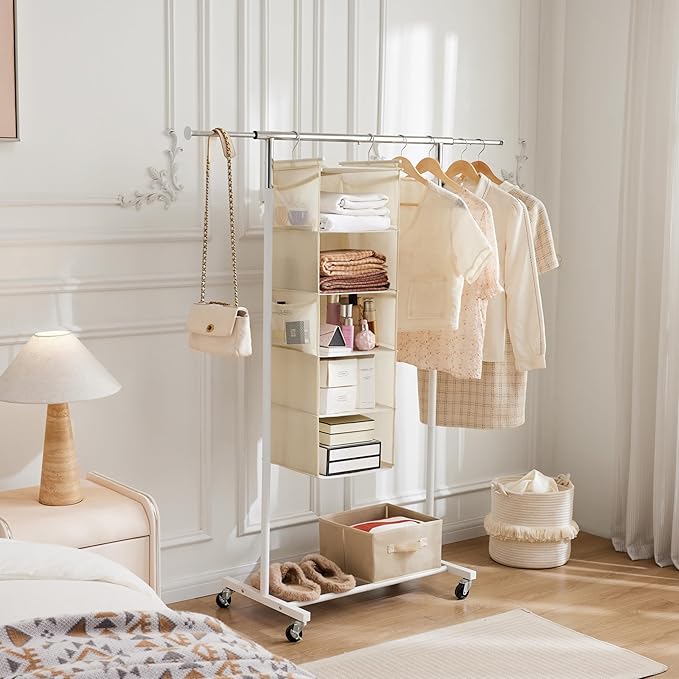 MAX Houser 5 Shelf Hanging Closet Organizer, Space Saver, Cloth Hanging Shelves with 4 Side Pockets, Foldable, Beige
