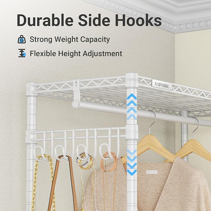 VIPEK L4 Garment Rack L Shaped Clothes Rack for Corner, Freestanding Portable Wardrobe Closet Heavy Duty Clothing Rack with 3 Hanging Rods & 2 Side Hooks, 43.3"Lx29.1"Wx76.4"H, Max Load 810LBS, White