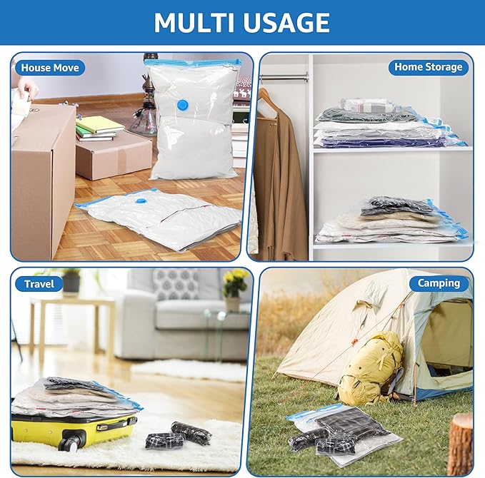 30 Pack Compression Storage Bags, Vacuum Storage Bags, Space Saver Bags for Comforters, Blankets, Pillows and Clothes Storage, Hand Pump Included (5 Jumbo/5 L/5 M/5 S/5 Roll M/5 Roll S)