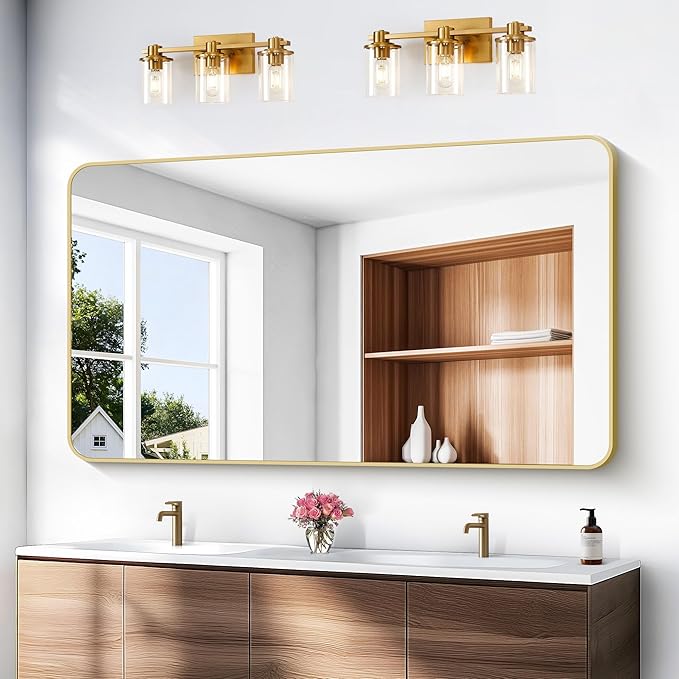 BONEWEI Gold Bathroom Mirror,60x36 inch Wall Mirror for Bathroom Wall Mounted,Round Rectangle Mirror for Bathroom Over Sink,Modern Frame for Home Decor Living Room,Bedroom Entryway,Horizontal/Vertical