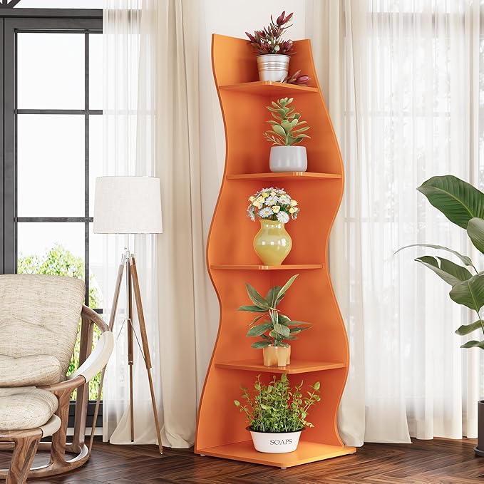 LITTLE TREE Small Corner Shelf, Modern 5-Tier Wall Corner Bookshelf, Stylish Bookcase Storage Rack for Small Space, Living Room, Bedroom