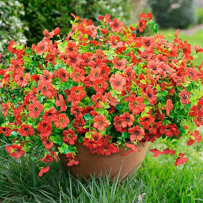 Artificial Fake Mums Plants Flowers for Outdoor Outside Fall Autumn, 12 Bundles Faux Silk Red Daisy UV Sun Resistant Look Real for Porch Patio Home Window Box Yard Planter