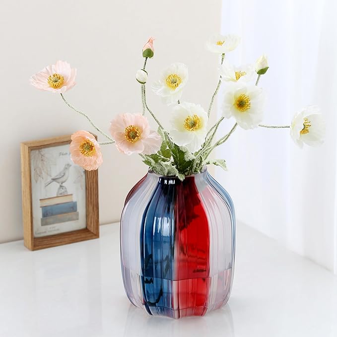 4th of July Decorations Christmas Glass Vase for Flowers Red White and Blue Modern Vase Bouquet 8.0" Patriotic Deco Fourth of July Decorations for Home Centerpieces,Holiday Party,Office
