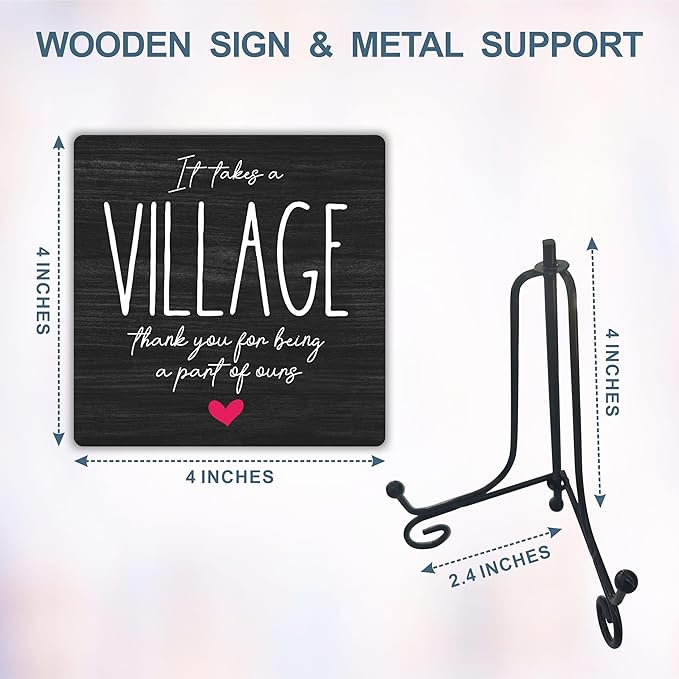Wooden Sign - It Takes A Village Thank You For Being A Part Of Us - Motivational Wood Plaque & A Metal Support - Home & Office Inspirational Gifts For Women or Men, Desk Decor (Black) - C03