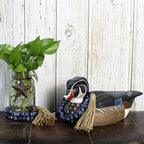 CVHOMEDECO. Wood Beads Garland with Tassels Farmhouse Rustic Wooden Prayer Bead String Wall Hanging Accent for Home Festival Decor. Navy Blue Stained