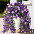 Artificial Fake Hanging Flowers Plants for Outdoor Spring Decoration,2 PCS Faux Silk Morning Glory with Eucalyptus Leaves,UV Resistant Realistic Trailing Vines for Balcony Porch Patio Yard Garden