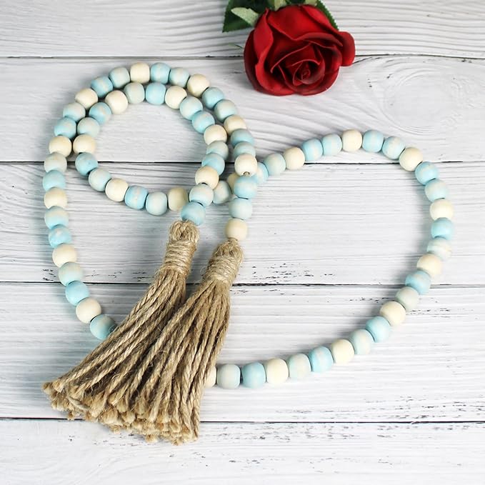 CVHOMEDECO. Wood Beads Garland with Tassels Farmhouse Rustic Wooden Prayer Bead String Wall Hanging Accent for Home Festival Decor. Teal Mix Distressed