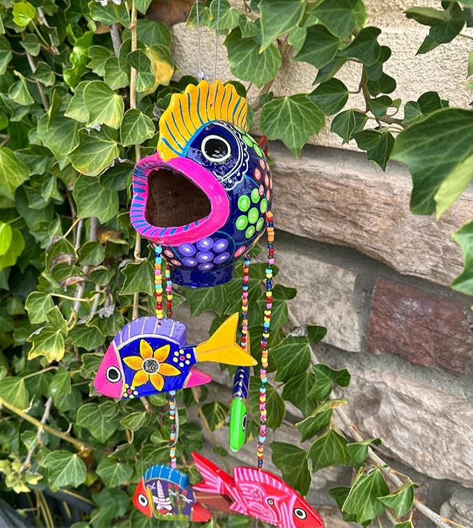 Handmade Mexican Pottery Fish Mobile - Vibrant Colors, 6x6 Inches with 15-Inch Dangling Fish