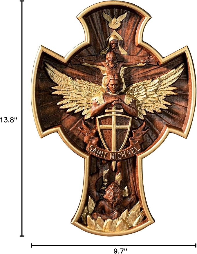 BGCOPPER Saint Michael Cross Wall Decor, Wooden Holy Trinity Crucifix Wall Cross, Jesus Cross for Wall Hanging Christmas Gift (14 Inch)
