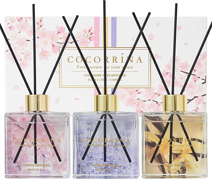 COCORRÍNA Reed Diffuser Set of 3-3 Pack/ 3.04 Fl.oz Diffuser with 24 Sticks Warm Vanilla/Cherry Blossom/Lavender Thyme Reed Diffuser for Home Bathroom Office Shelf Decor