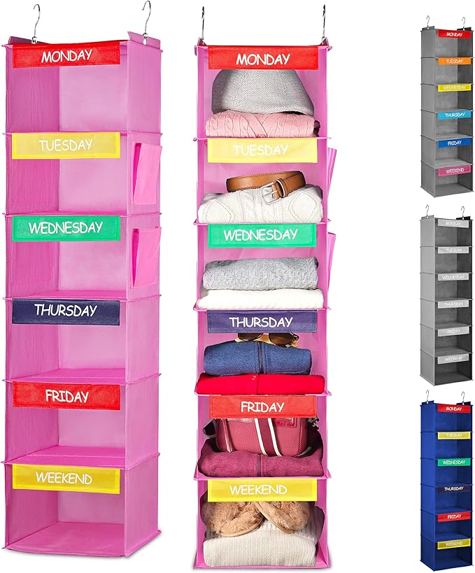 Handy Laundry Hanging Clothes Organizer for Kids - 6-Shelf Closet Daily Clothing Organization Labeled Shelves with Days of The Week Monday Through Friday, Weekday and Weekend (Pink)