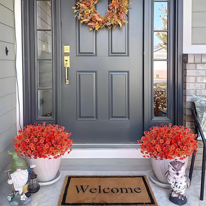 Fall Artificial Flowers for Decoration, 12 Bundles Fake Mums Autumn Flower Plants Petunias, Faux Silk Morning Glory Eucalyptus for Planter Garden Porch Front Door Window Box, Orange Red