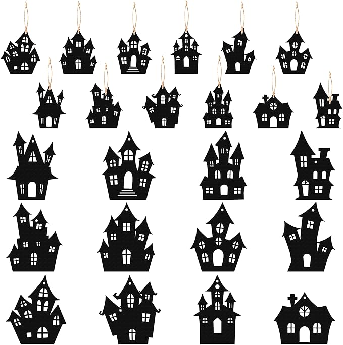 Haooryx Halloween Haunted House Wooden Ornaments - 36 Pcs Black Eerie Haunted House Themed Pendants Wood Craft Gift Tags Hanging Ornament with Ropes for Halloween Party Haunted House Decoration Supply