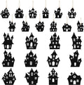 Haooryx Halloween Haunted House Wooden Ornaments - 36 Pcs Black Eerie Haunted House Themed Pendants Wood Craft Gift Tags Hanging Ornament with Ropes for Halloween Party Haunted House Decoration Supply
