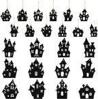 Haooryx Halloween Haunted House Wooden Ornaments - 36 Pcs Black Eerie Haunted House Themed Pendants Wood Craft Gift Tags Hanging Ornament with Ropes for Halloween Party Haunted House Decoration Supply