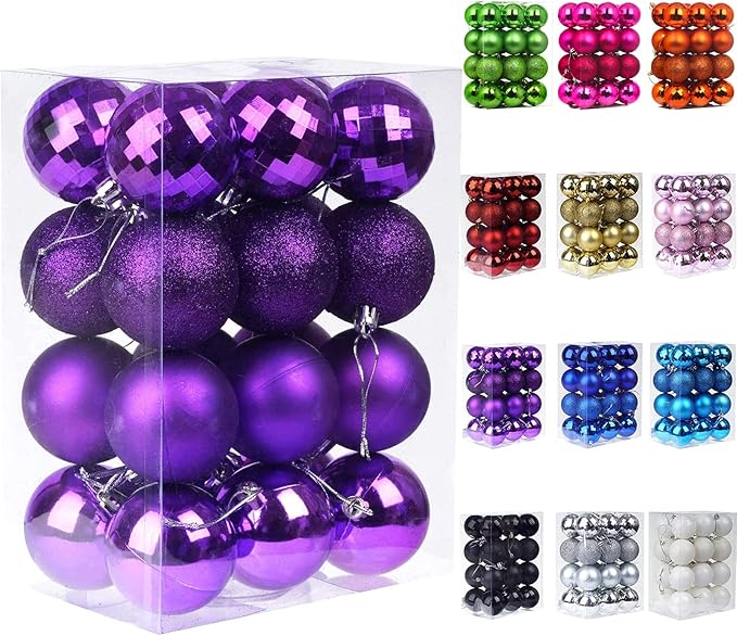 Emopeak 24Pcs Christmas Balls Ornaments for Xmas Christmas Tree - 4 Style Shatterproof Christmas Tree Decorations Hanging Ball for Holiday Wedding Party Decoration (Purple, 2.4"/6.2CM)