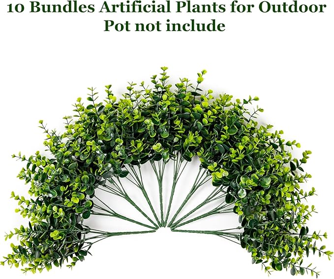 10 Bundles Artificial Plants for Outdoor Fake Plants for Spring Decoration,10 Bundles Faux Eucalyptus Plants for Planter UV Resistant Lifelike for Home Porch Garden（Green）