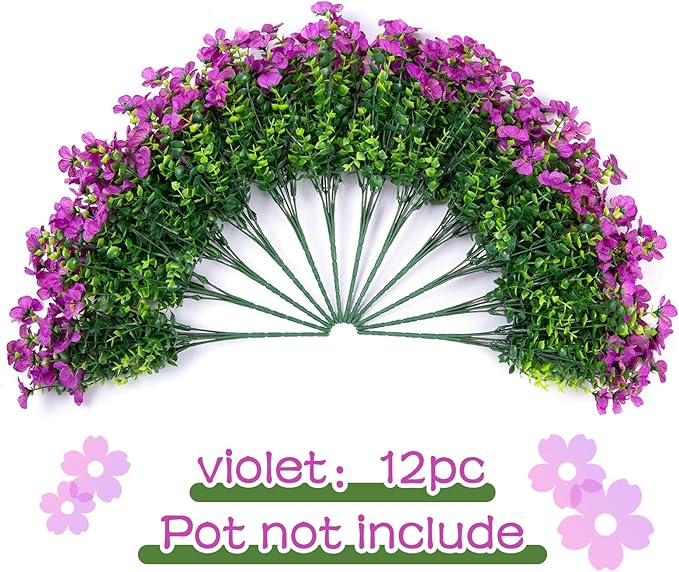 Artificial Flowers for Outdoors,Faux Flowers Daisy with Eucalyptus Leaves for Indoor Garden Home Decoration,UV Resistant Artificial Flower Fake Plants for Porch Patio, 12 Bundles (Purple)
