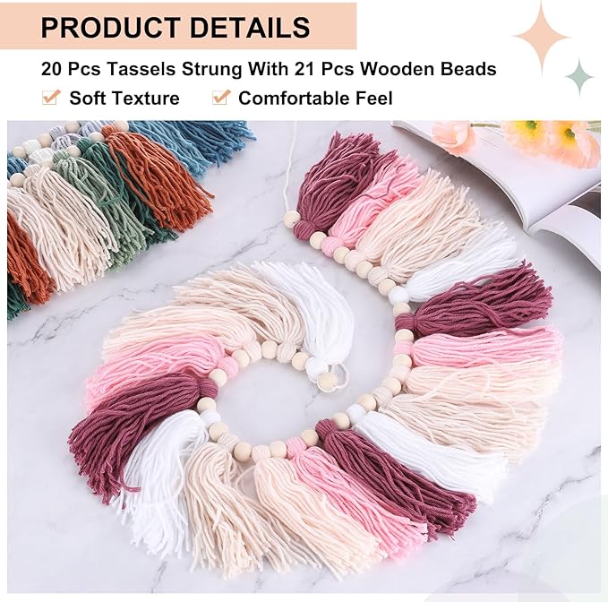 MECCANIXITY Bohemian Yarn Tassel Garland with Wood Beads,3.9Ft Blue Cream Gray Wall Hanging Tassels Banner Western Room Decor for Bedroom Office Nursery Classroom Party Decorations