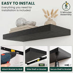 Floating Shelves for Wall 55 in x 9.3 in Deep, Wall Mounted Rustic Wood Shelf with Invisible Brackets for Storage & Display, Living Room Bedroom Bathroom, Black, 1 Pack