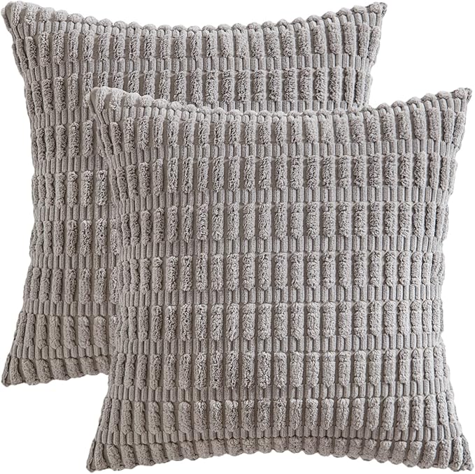 MIULEE Pack of 2 Corduroy Decorative Euro Sham Throw Pillow Covers 24x24 Inch Soft Boho Striped Pillow Covers Modern Farmhouse Home Decor for Sofa Living Room Couch Bed Light Grey