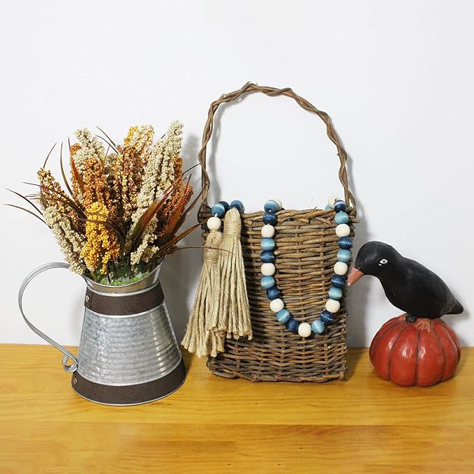 CVHOMEDECO. Wood Beads Garland with Tassels Farmhouse Rustic Wooden Prayer Bead String Wall Hanging Accent for Home Festival Decor. Blue Mix Distressed