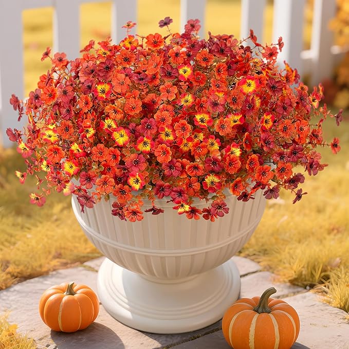 Fall Mums Artificial Flowers for Outdoors Potted, Fake Fall Daisy Flower with Realistic Eucalyptus Leaves, Fake Plants for Greenery Boxwood Porch Patio Garden Pot Courtyard Lawn, 12 Bundles