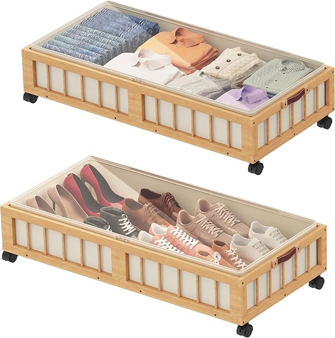 efluky 2-Pack Bamboo Under Bed Storage with Wheels, Rolling UnderBed Storage Basket with Large Dust Bag, Under Bed Storage Containers for Bedroom, Dorm and Basement, Nature
