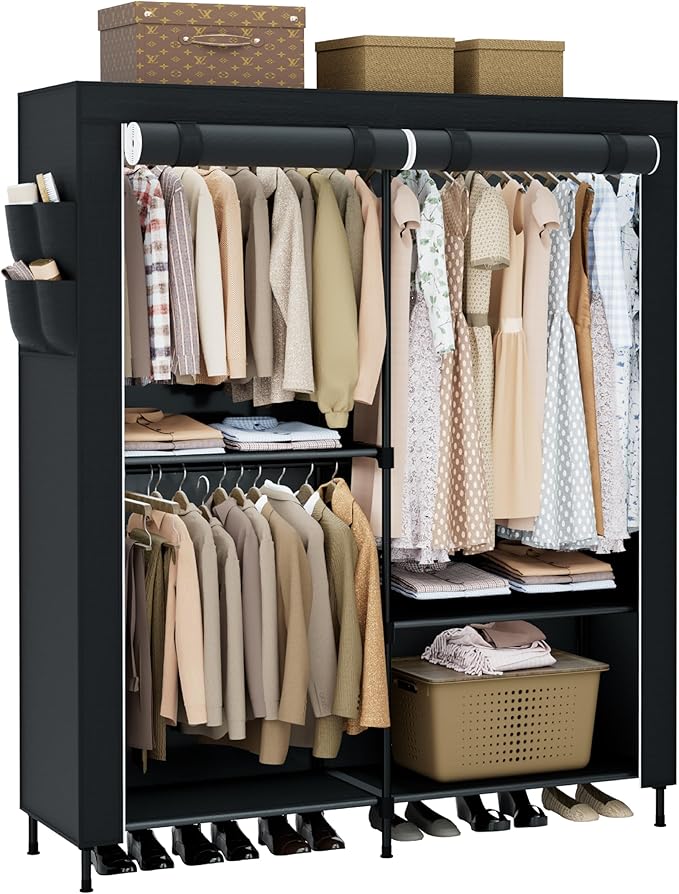 Clothes Rack, Portable Closet, 54.7 Inch Large Capacity Wardrobe Closet with Cover, Clothes Storage Organizer with Shelves and 3 Hanging Rods, Easy to Assembly, Black PCT122B01