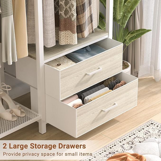 78.7'' Clothes Rack for Hanging Clothes - Reversible Clothing Rack with 2 Drawers, Heavy Duty Garment Racks with Shelves, 6 Tiers Freestanding Closet Wardrobe System with Hanging Hooks, White Oak