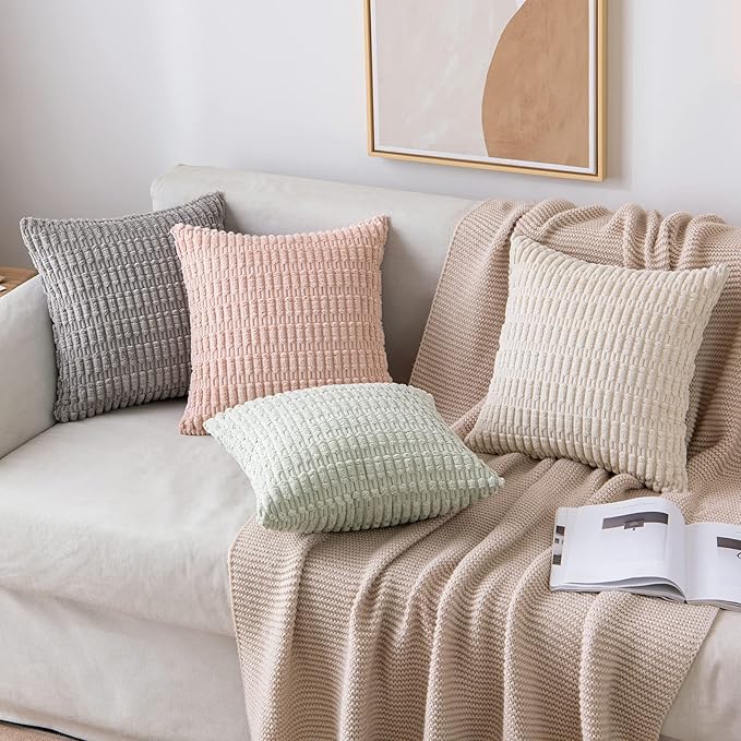 MIULEE Pack of 2 Corduroy Decorative Euro Sham Throw Pillow Covers 24x24 Inch Soft Boho Striped Pillow Covers Modern Farmhouse Home Decor for Sofa Living Room Couch Bed Light Grey