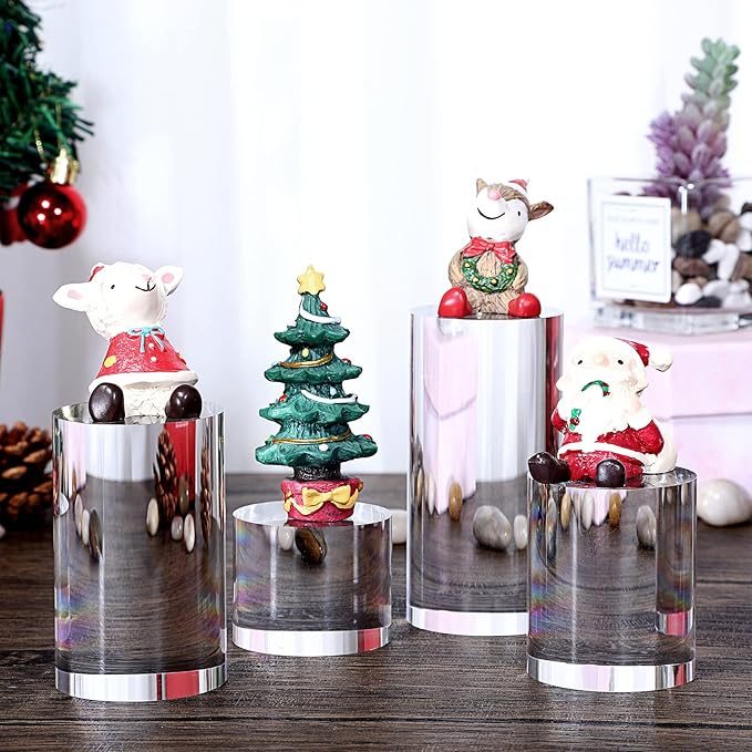 Hipiwe 4-Pack Acrylic Display Risers Figures Display Stand Holder Clear Cylinder Tabletop Jewelry Perfume Showcase Organizer for Geodes Rock Small Collectibles Display Blocks