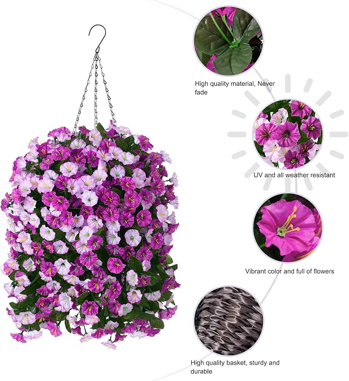 Artificial Fake Flowers Plants Hanging Baskets Outdoor Outside Spring Decor, Faux Silk Light Fuchsia and Fuchsia UV Resistant Look Real Morning Glory Home Patio Porch Balcony Decoration