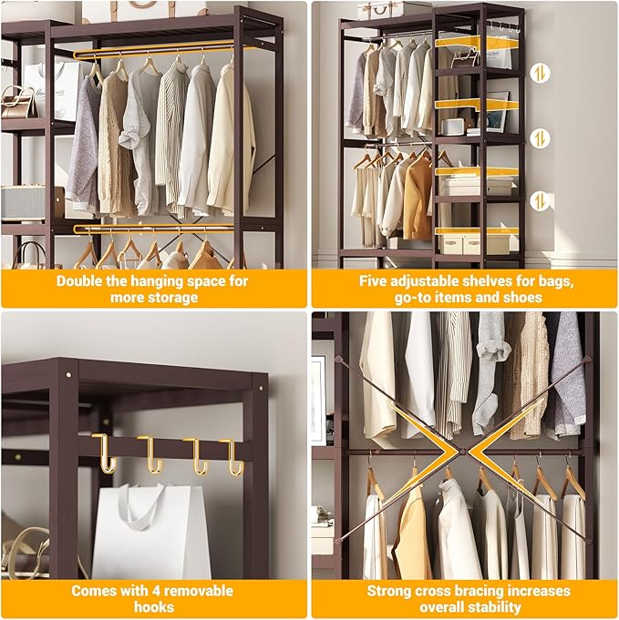 Homykic Bamboo Clothes Rack Garment Rack for Hanging Clothes, Heavy Duty Clothing Rack with 7 Tiers Adjustable Shelves, Double Rods, 4 Hooks, Freestanding Closet System Organizer Wardrobe, Espresso