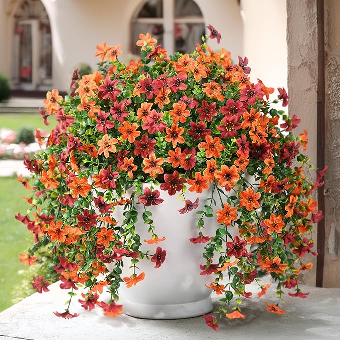 Artificial Faux Mums Fall Hanging Flowers for Outdoor Decoration,2 Pack Fake Silk Plants Daisy Realistic UV Resistant Summer Decor for Home Indoor Porch Patio Balcony Yard Autumn Decor (Brown Orange)