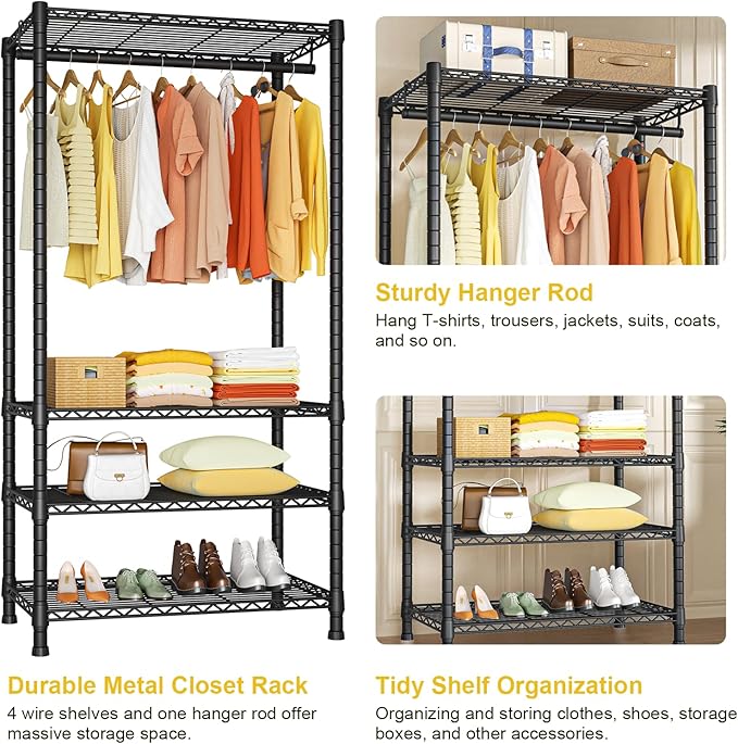 Ulif H2 Heavy Duty Clothes Rack, Freestanding 4 Tiers Garment Rack for Hanging Clothes with Shelves and Hangers, Closet Organizers and Storage Metal Closet Wardrobe System, Max Load 500 LBS, Black