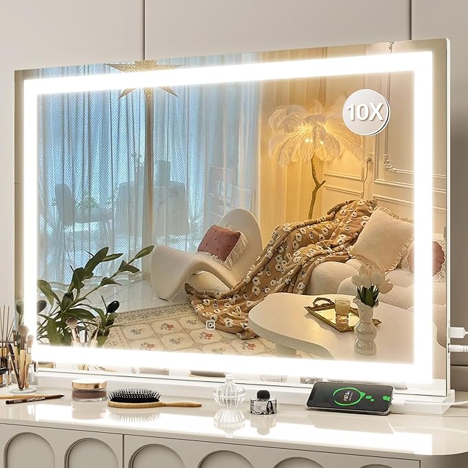 FENNIO Vanity Mirror with Lights 32"x22", Lighted Makeup Mirror, Large Vanity Mirror, Touch Sensor with 3-Color Lighting, USB Charging Port for Vanity Desk（Square White）