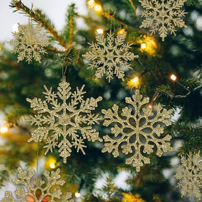 36pcs Christmas Gold Snowflake Ornaments Plastic Glitter Snow Flakes Ornaments for Winter Christmas Tree Decorations Size Varies Craft Snowflakes