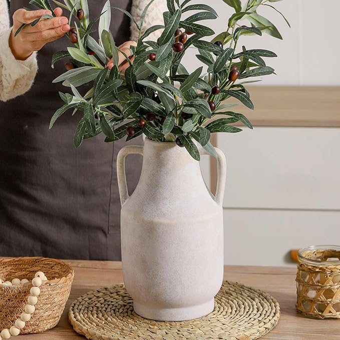 Mitt&Ditt Ceramic Flower Vase with Handles, 11 inch Tall Off-White Vase, Large Decorative Terracotta Vases, Farmhouse Rustic Pottery Vases for Home Decor, Living Room, Table