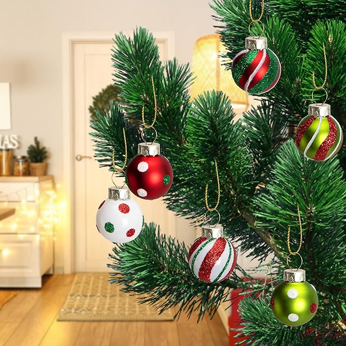 Watayo 24 Pcs Christmas Glittering Elf Balls Glass Ornaments for Tree, 1" Mini Painted Swirl Dots Elf Balls Hanging Ornaments, Christmas Red Green Ball Tree Decoration for Xmas Party Home Decor