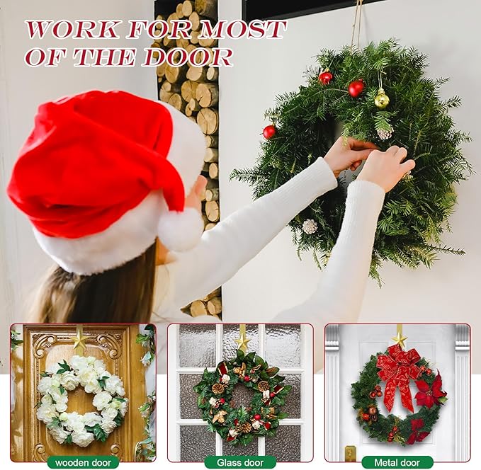 Wreath Hangers for Front Door,15" Sturdy Metal Wreath Doors Hangers,Over The Door Hooks for Front Porch Decor,Garland Hooks Holders for Halloween Christmas Decorations (Gold Star, 2 Pack)