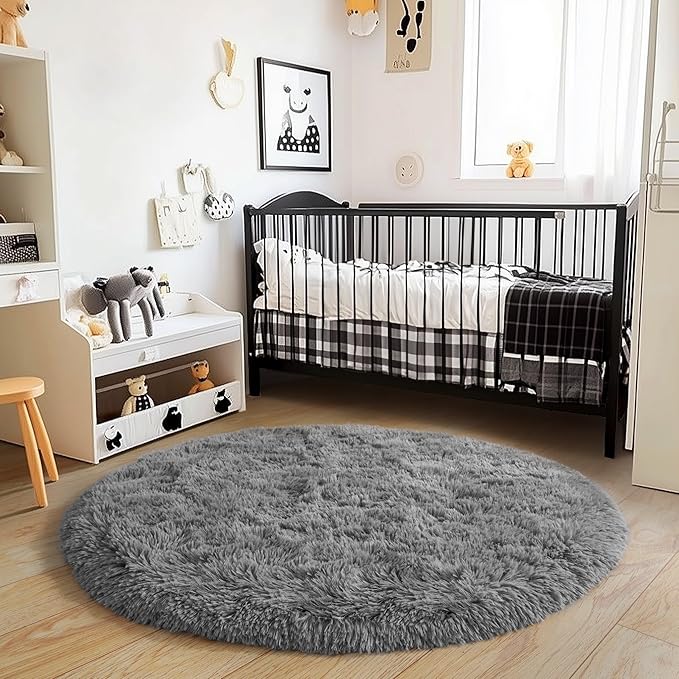 6‘x6’ Grey Round Rug for Bedroom, Ultra Soft Fluffy Circle Rug for Kids Girls Boys Room, Cute Shag Rugs for Living Room Playroom Teen Room Home Decor Rug