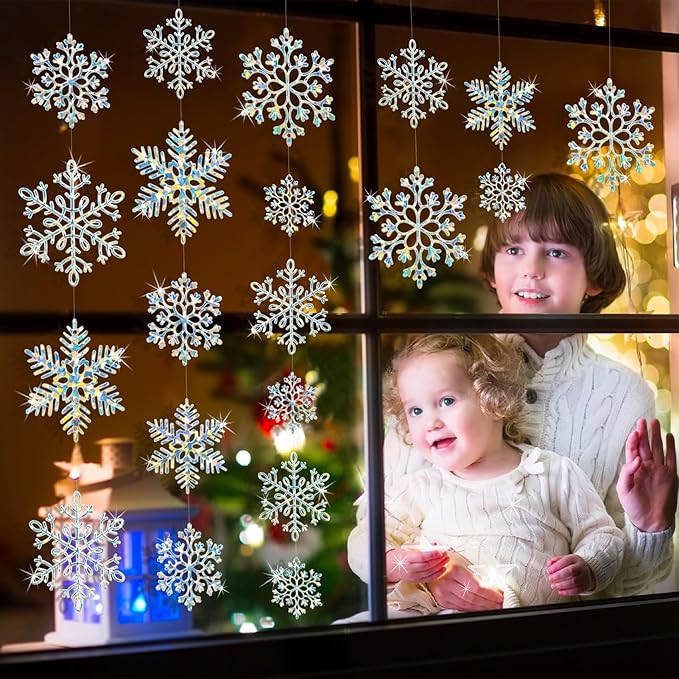 36 Pack Christmas Ornaments Snowflakes Decorations - Iridescent Plastic Snowflakes Hanging Decorations for Winter Holiday Christmas Birthday Party Decoration Supplies