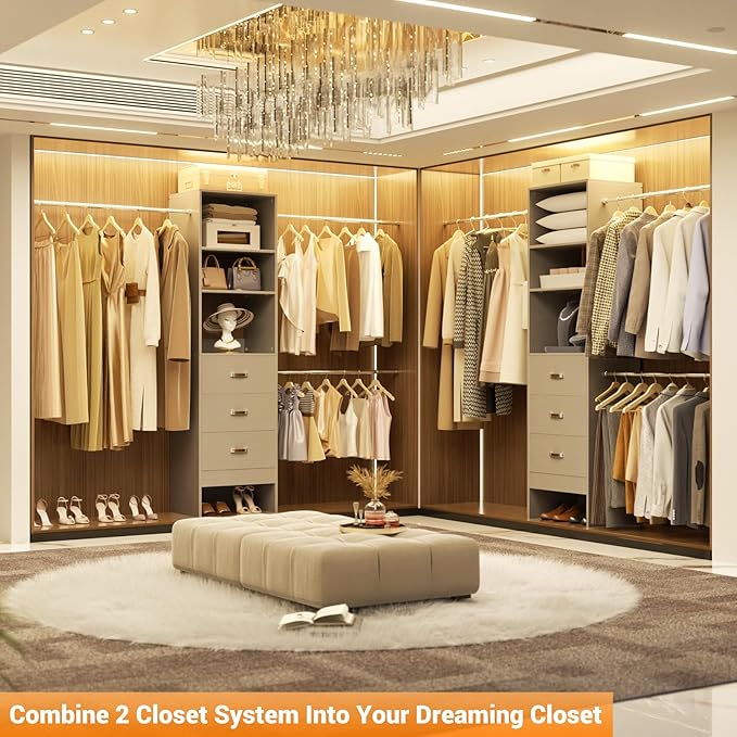 Homieasy 96 Inches Closet Organizer System, 8FT Customizable Walk In Closet Organizer with Hanging Rods, 3 Drawers Garment Rack with Leather Handle , 96" L x 16" W x 75" H, Max Load 1000 LBS, Grey