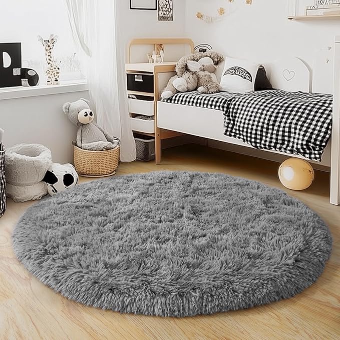 6‘x6’ Grey Round Rug for Bedroom, Ultra Soft Fluffy Circle Rug for Kids Girls Boys Room, Cute Shag Rugs for Living Room Playroom Teen Room Home Decor Rug