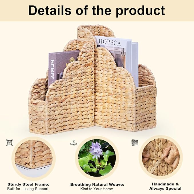 BROWNLILY Water Hyacinth Magazine Holders with Scalloped Edge - Natural Handwoven Rattan Storage Baskets Set of 2 (Large & Small) for Books, Home Office Decor